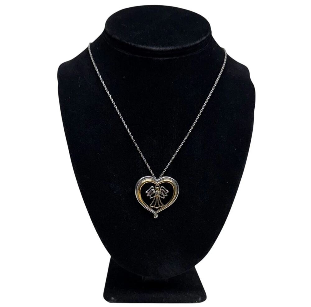 BCE 925 Sterling Silver Gold Angel Heart Pendant Necklace Guardian 10.5 in L